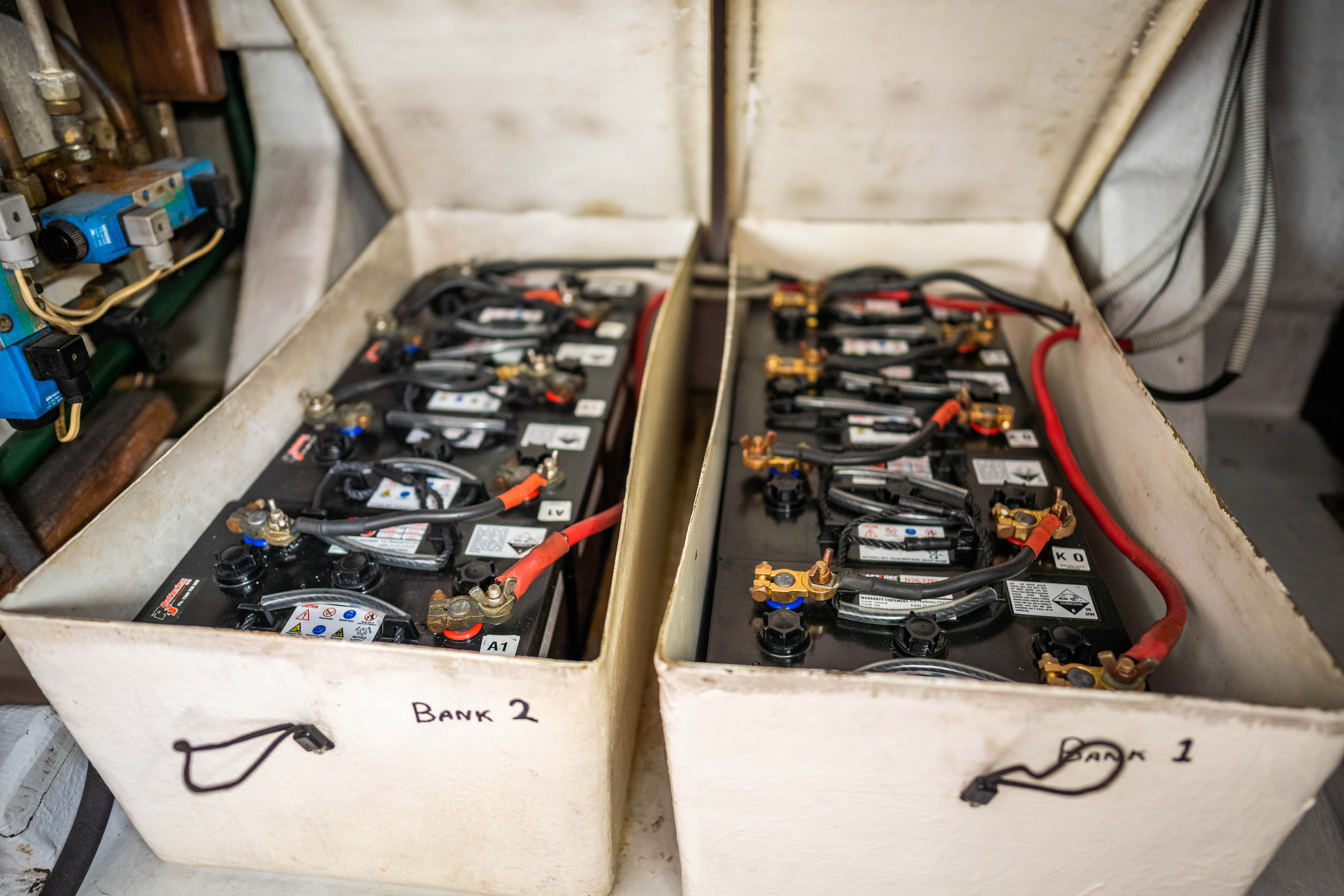 Battery bank installed in the hull of a fishing boat