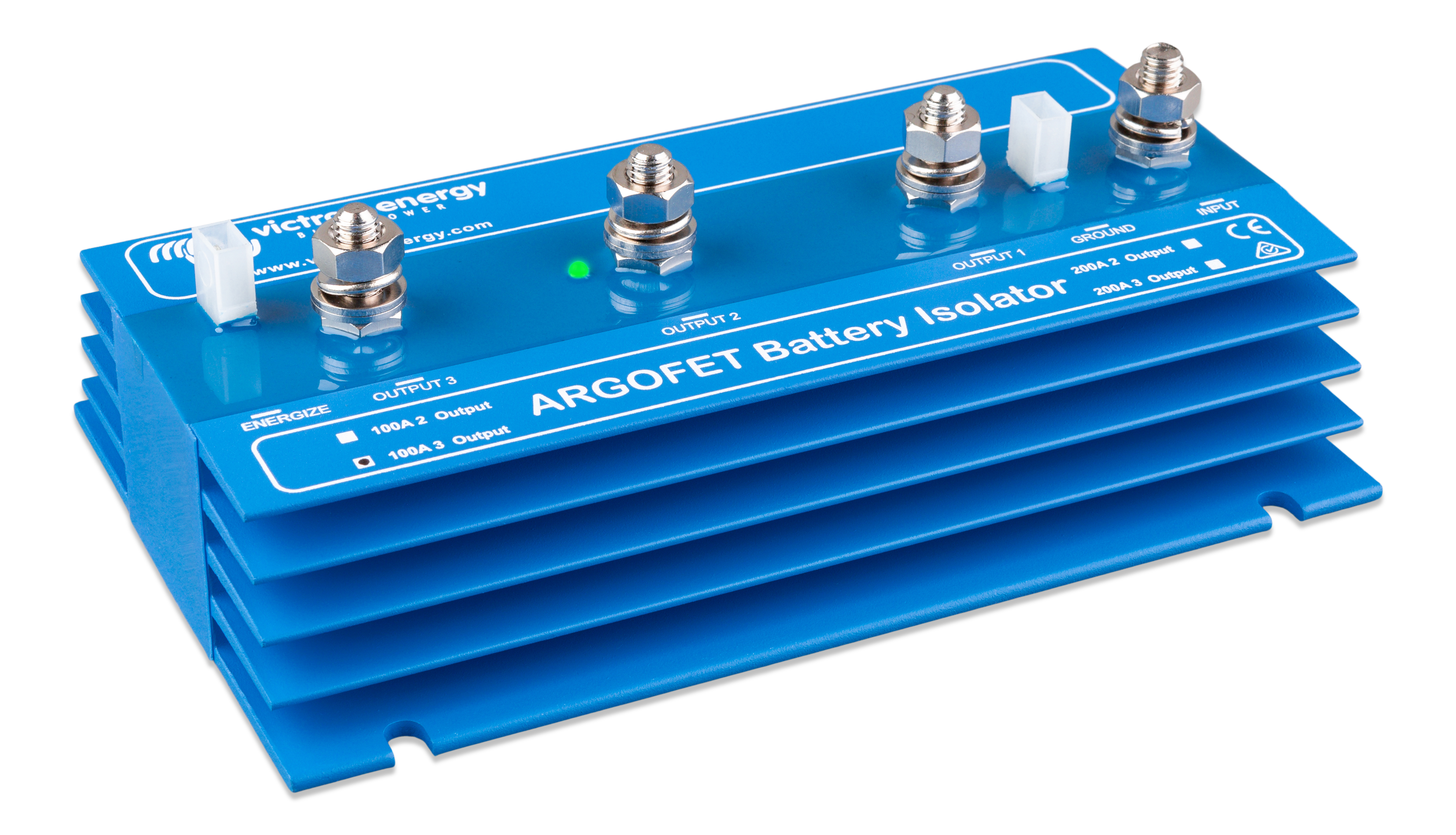 Victron Energy Argofet Battery Isolators top front aged view with LED