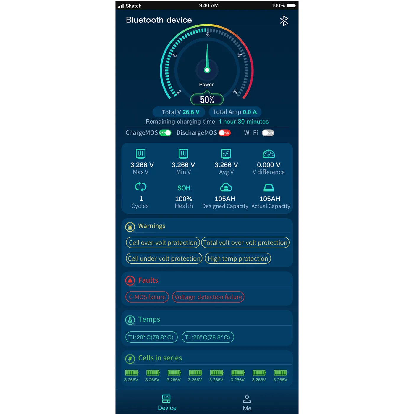 Smartphone displaying a battery monitoring app with detailed information on voltage, capacity, and status.
