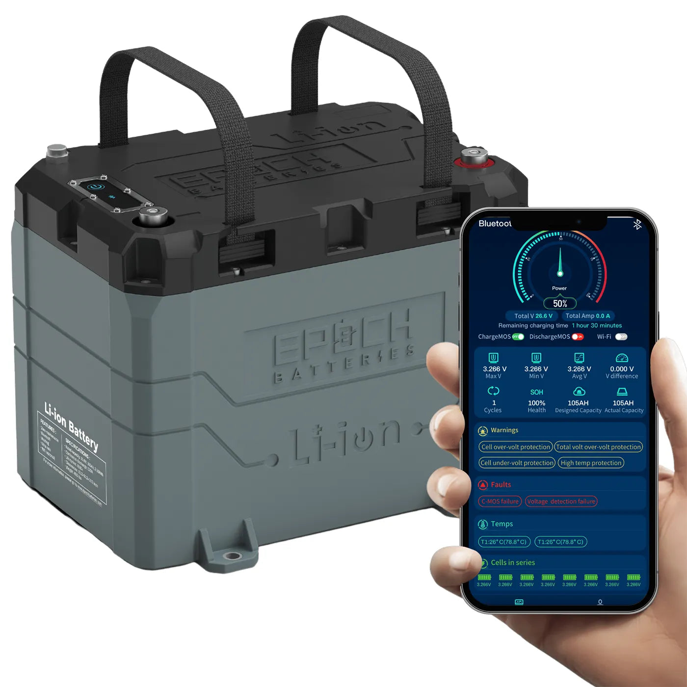 Epoch lithium-ion battery with a smartphone displaying battery monitoring app on a white background