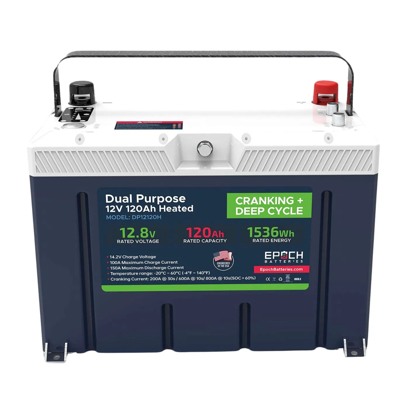 Dual-purpose battery with specifications on a white background