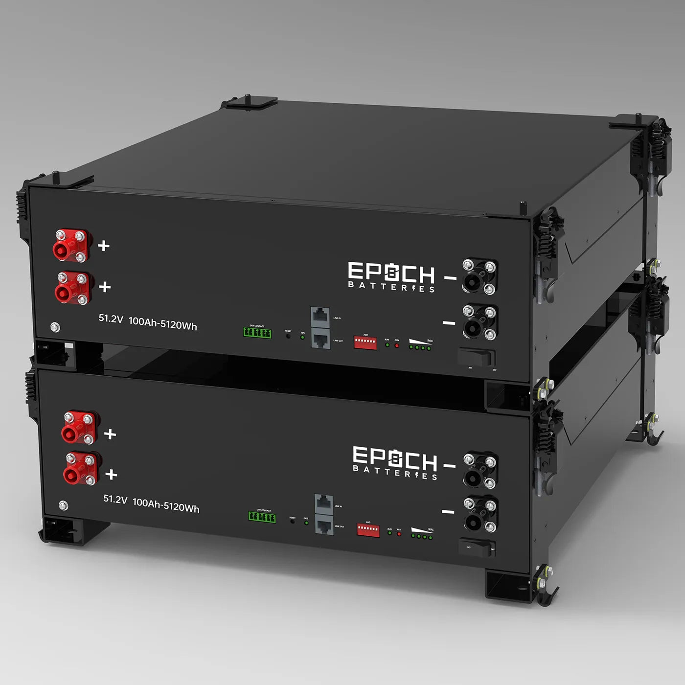 Two black battery units with 'Epoch Batteries' branding on a gray background