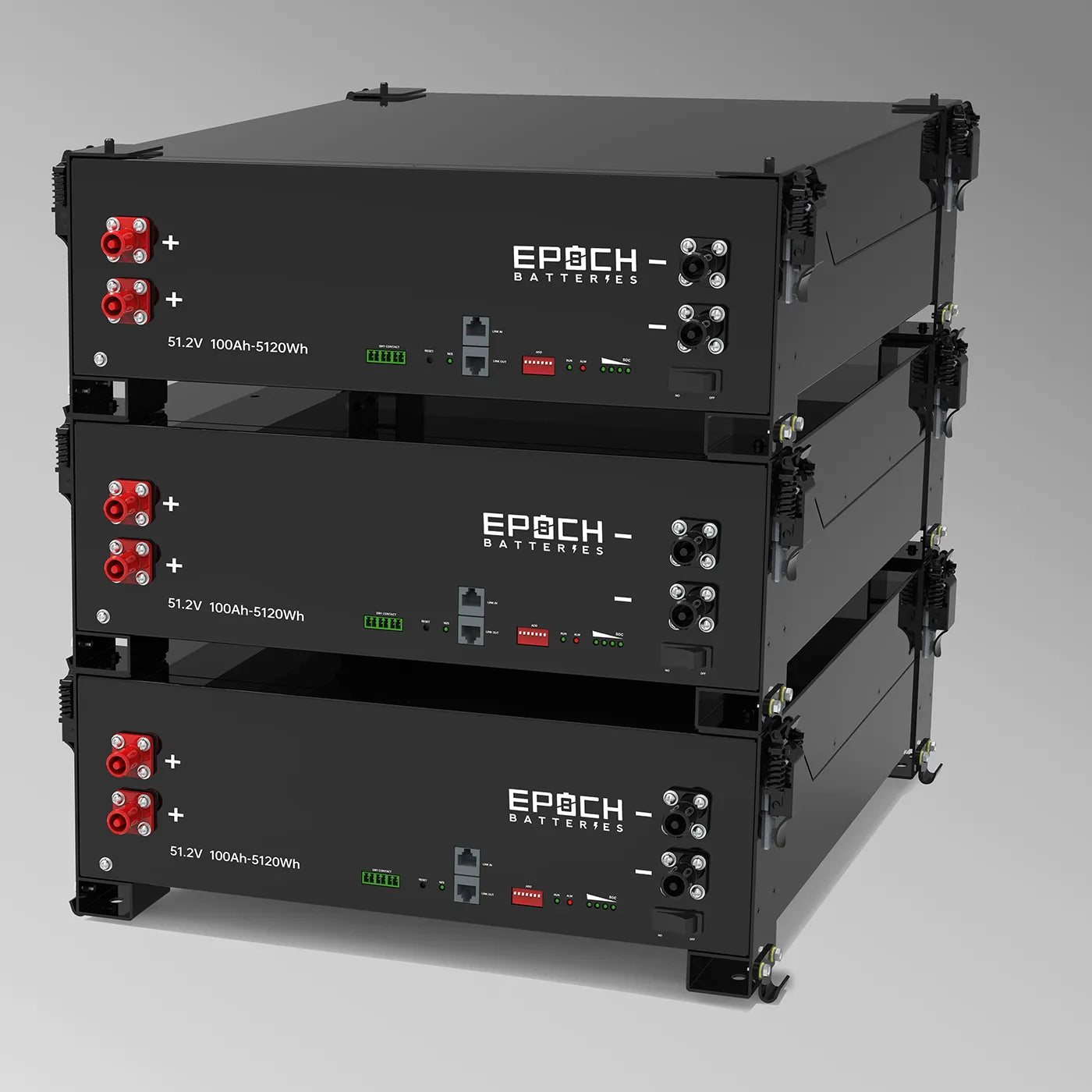 Three black battery units with 'Epoch Batteries' branding on a gray background