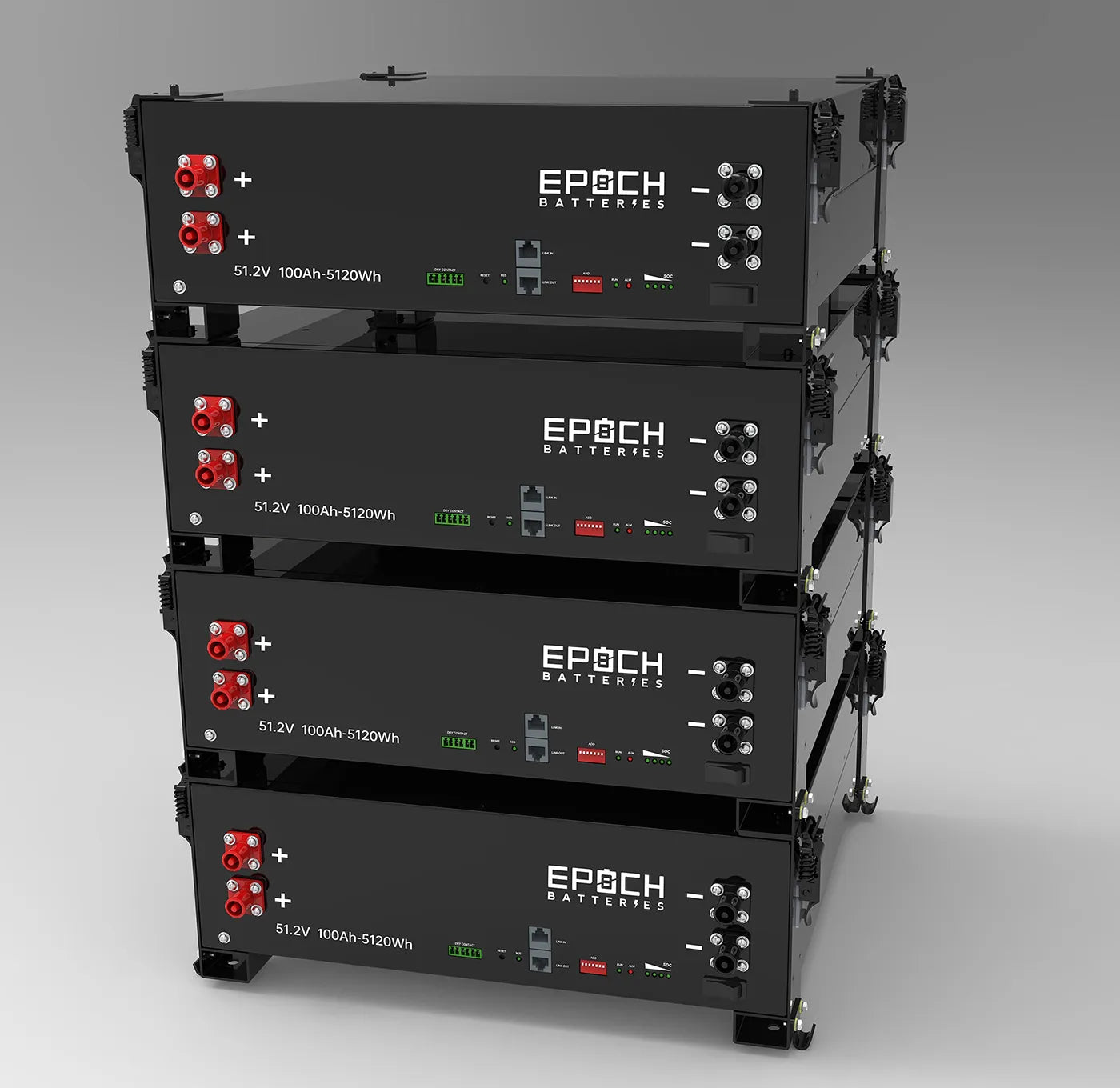 Stack of Epoch batteries on a gray background