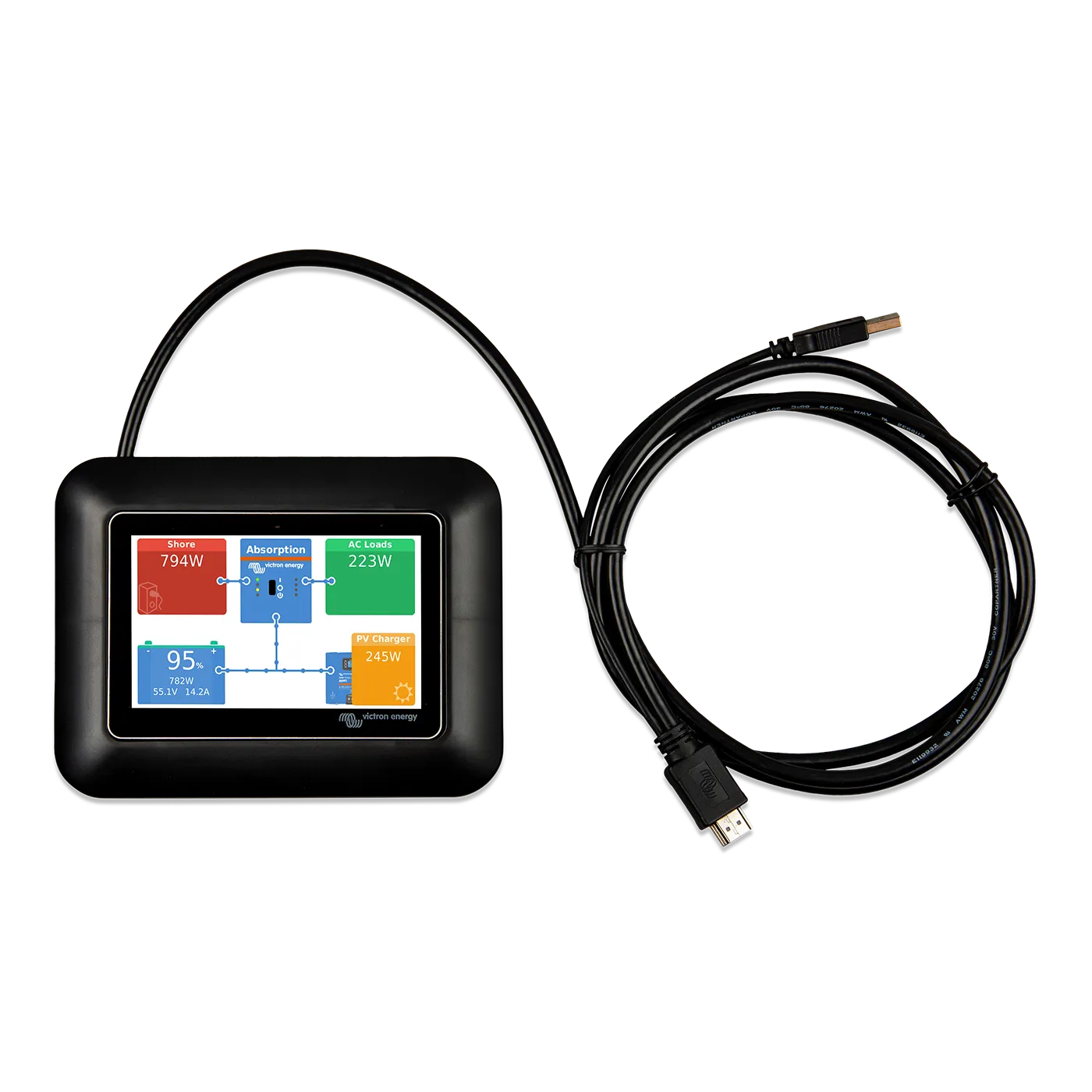 Victron GX Touch 50 adapter for CCGX cut-out top view with display and cable