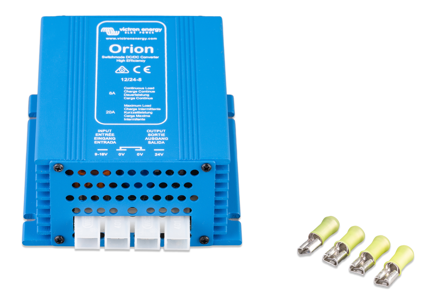 Victron Orion DC-DC Converters Non-isolated, High Power top and front view with connectors