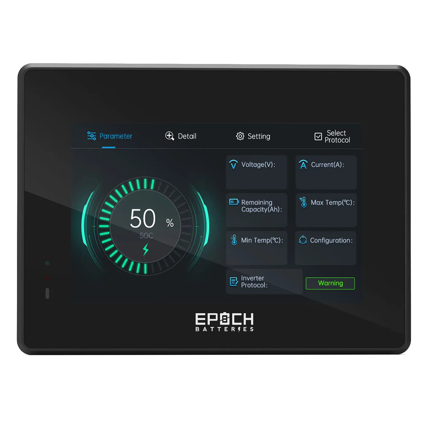 Display screen with battery monitoring interface on a white background, featuring the Epoch Batteries logo.