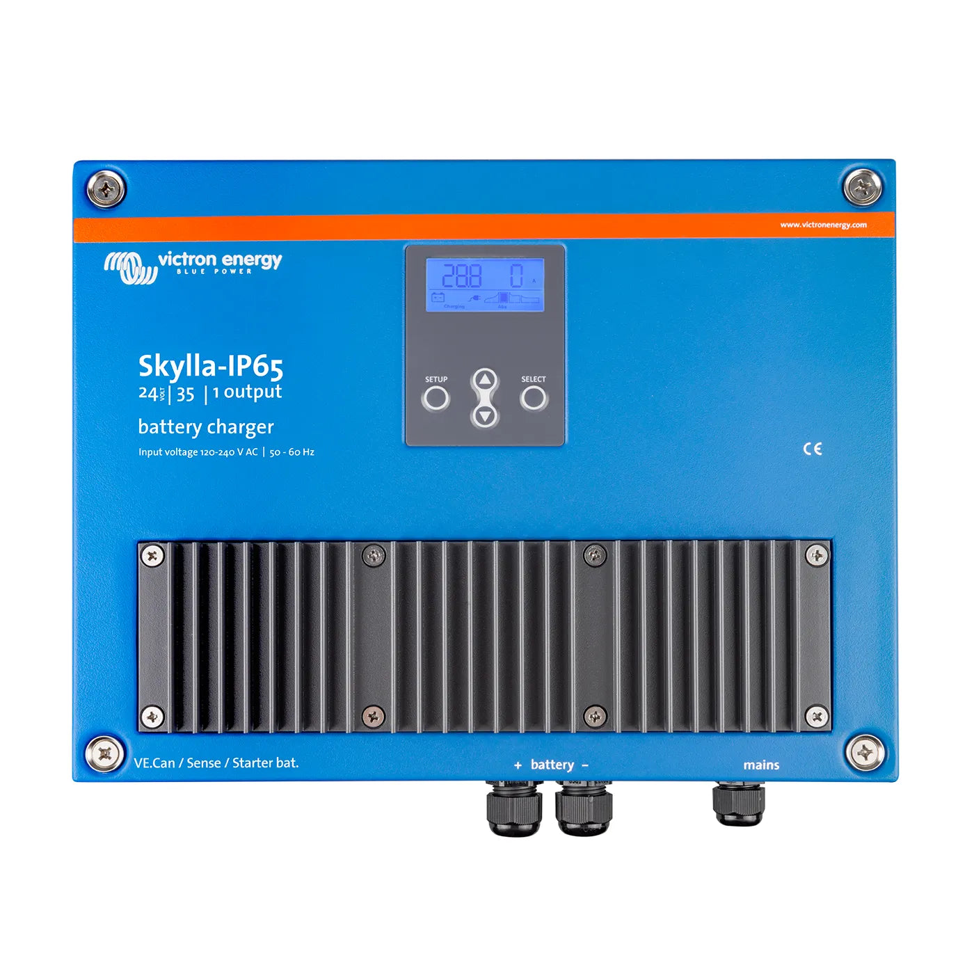 Blue Victron Energy Skylla-IP65 battery charger on a white background