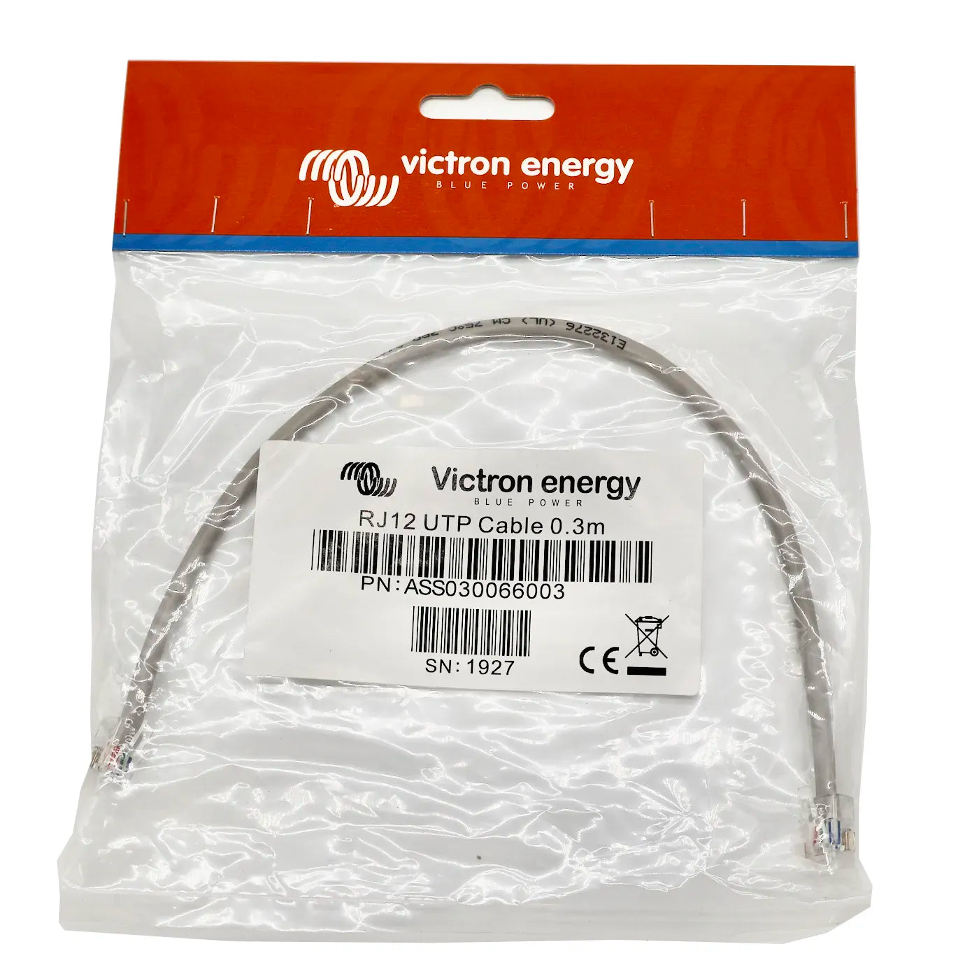 Victron RJ12 UTP cable 0.3 m, short factory replacement for BMV head unit mounted directly above the shunt, with RJ12 connectors on both ends