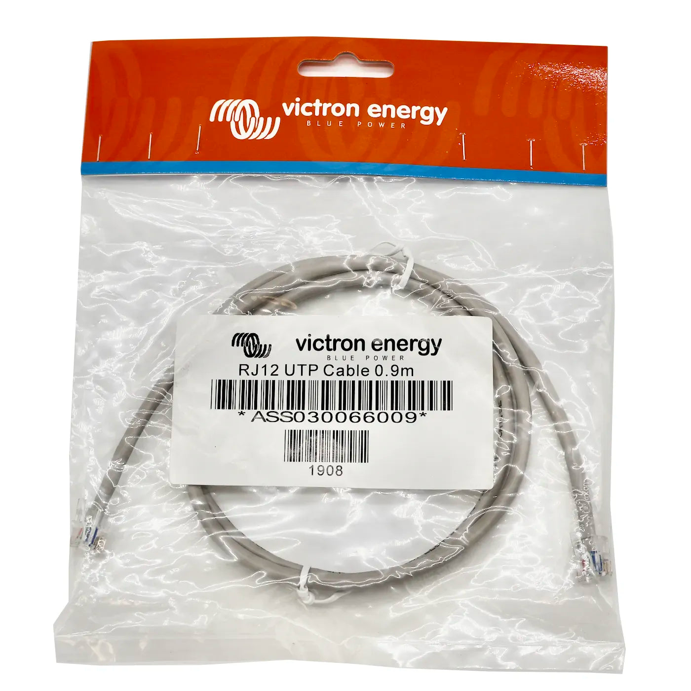 Victron RJ12 UTP cable 0.9 m, common length for RV or small-boat panels with the shunt just behind the dashboard, with RJ12 connectors on both ends