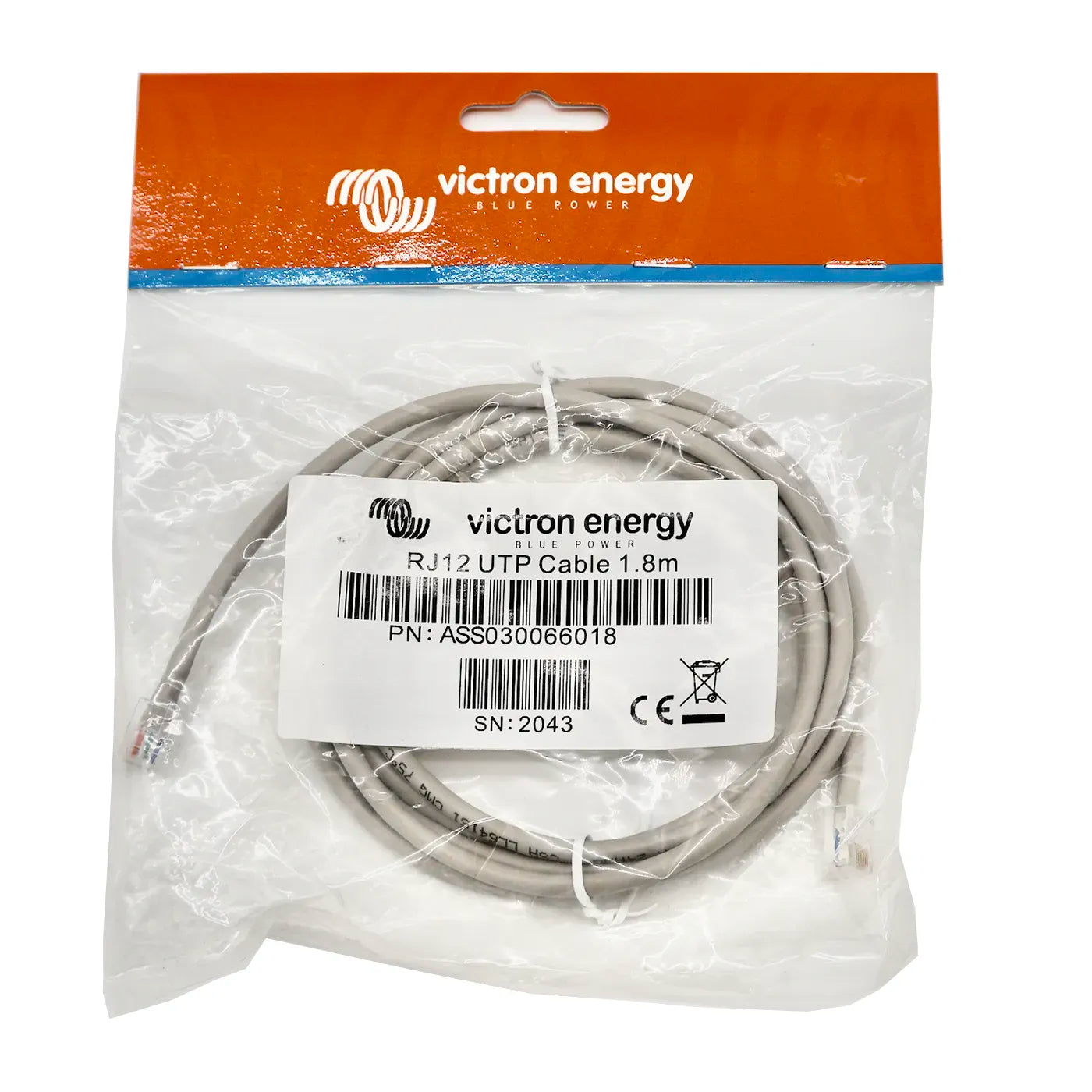 Victron RJ12 UTP cable 1.8 m, length for crossing a single electrical panel from BMV head to shunt, with RJ12 connectors on both ends