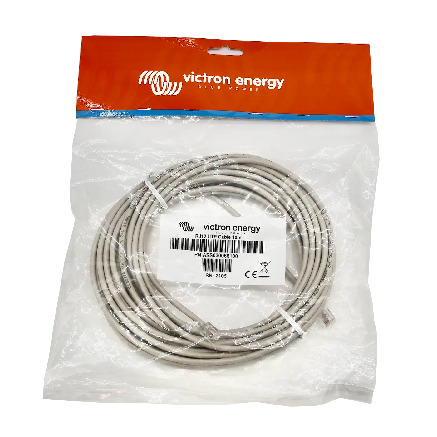 Victron RJ12 UTP cable 10 m, longer head-to-shunt run for Class A motorhomes and mid-size cruising vessels, coiled with RJ12 connectors on both ends