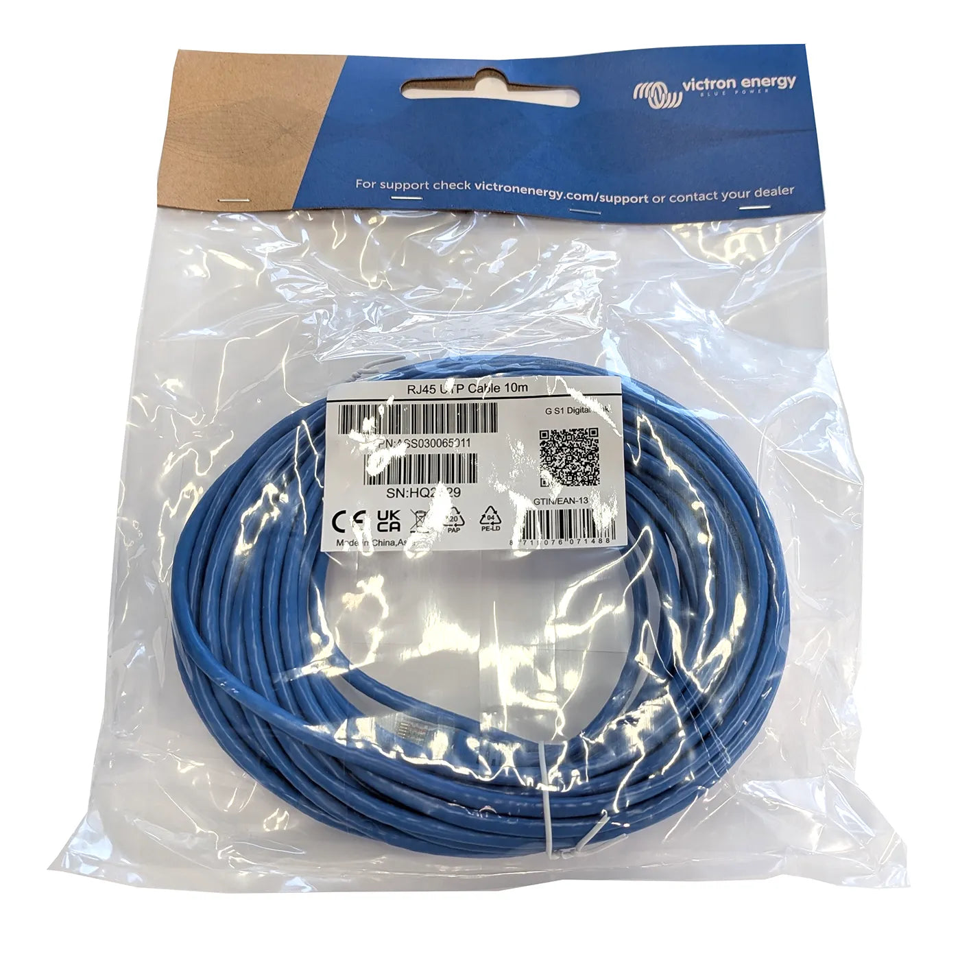 Victron RJ45 UTP cable 10 m, longer engine-room-to-helm run, coiled with molded RJ45 connectors on both ends