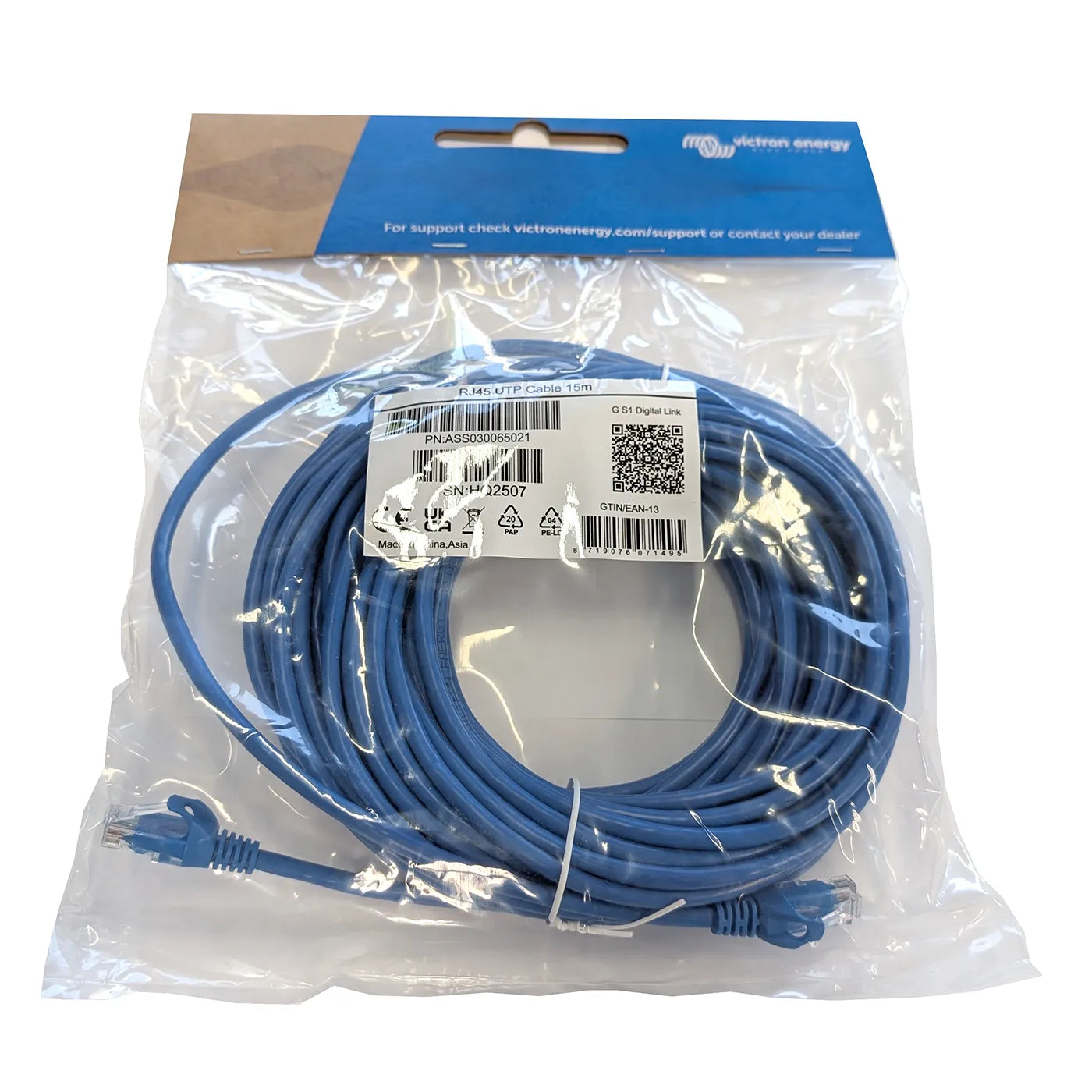 Victron RJ45 UTP cable 15 m, long boat or off-grid run, coiled with molded RJ45 connectors on both ends