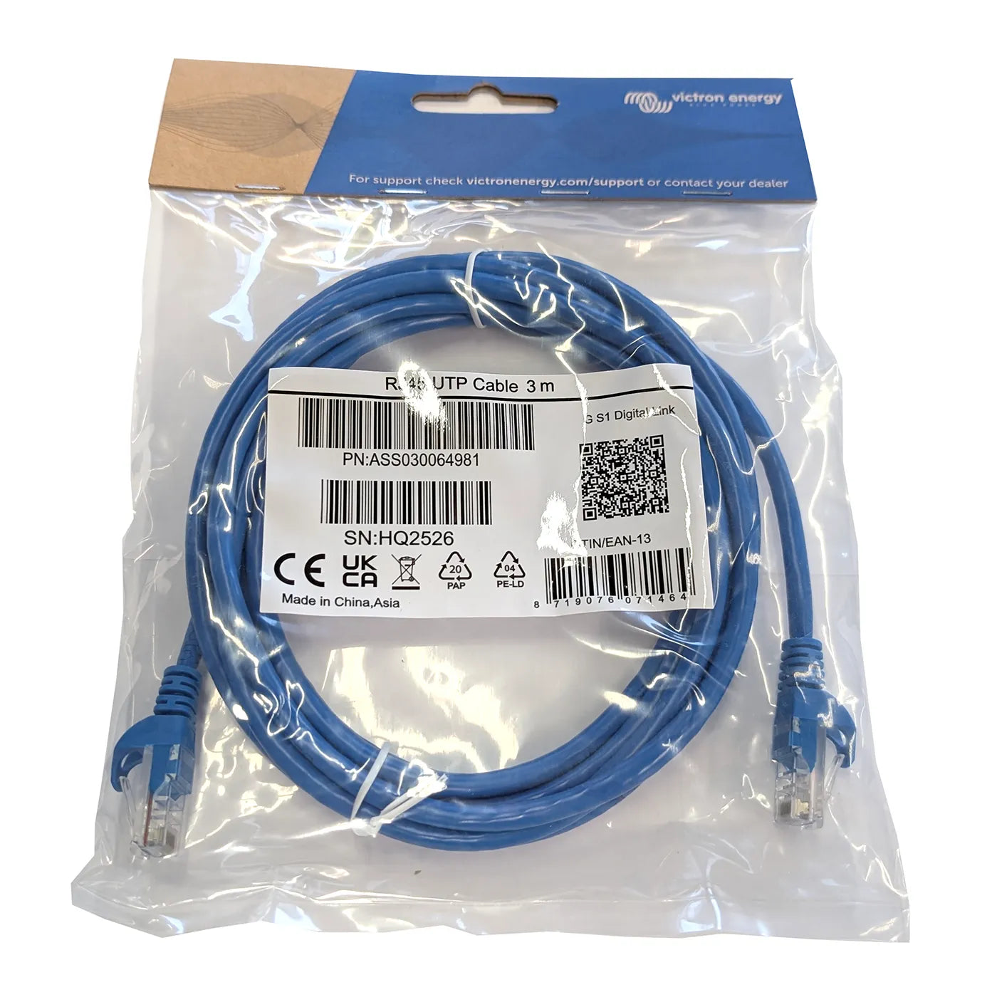 Victron RJ45 UTP cable 3 m, between-compartment length with molded RJ45 connectors on both ends
