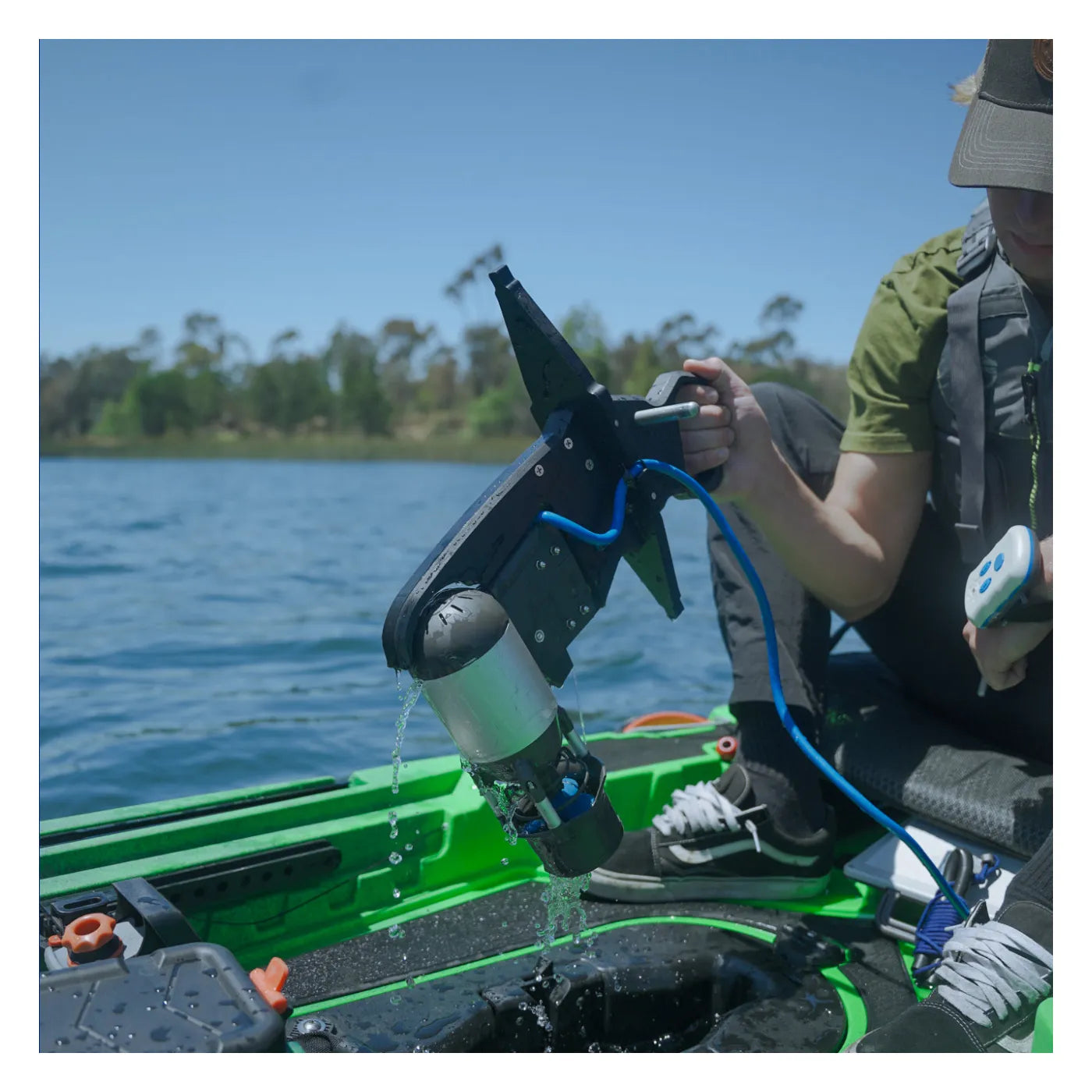 Bixpy K-1 motor in a pedal drive well on a Vibe kayak