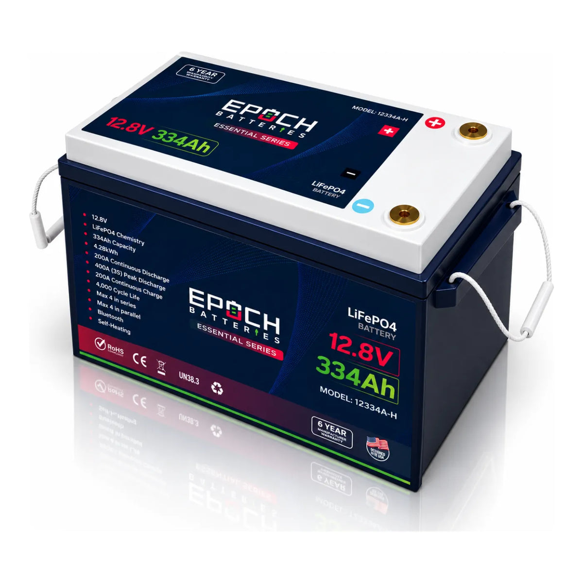 Epoch 12V 334Ah Essential Series LiFePO4 battery 12334A-H, angled view