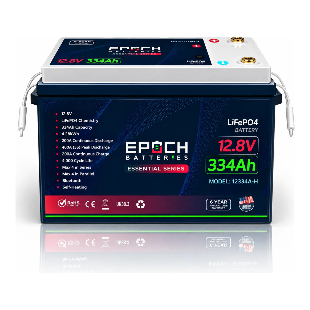Epoch 12V 334Ah Essential Series Group 31 LiFePO4 battery with Bluetooth and self-heating, front view
