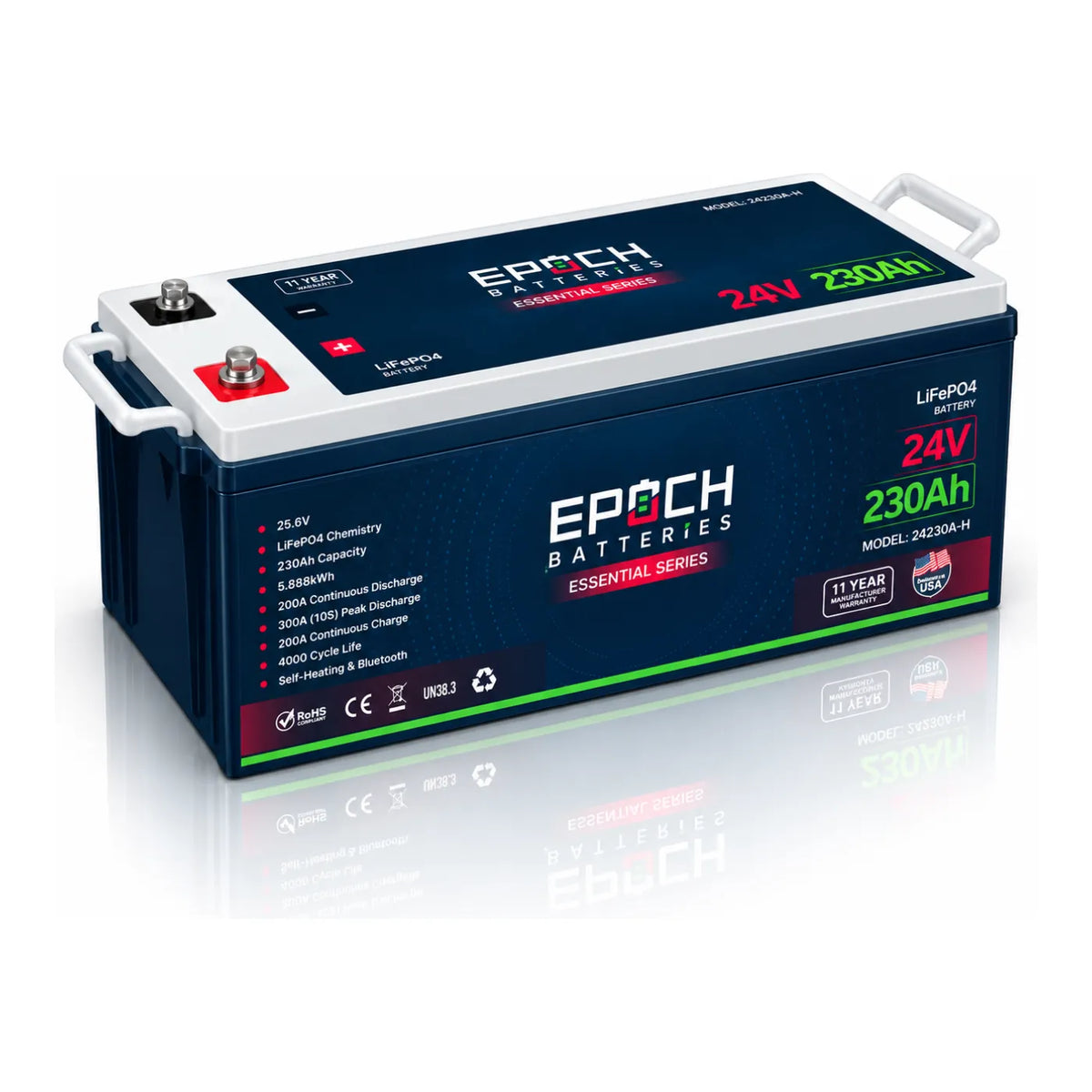 Epoch 24V 230Ah Essential Series LiFePO4 battery 24230A-H, angled view