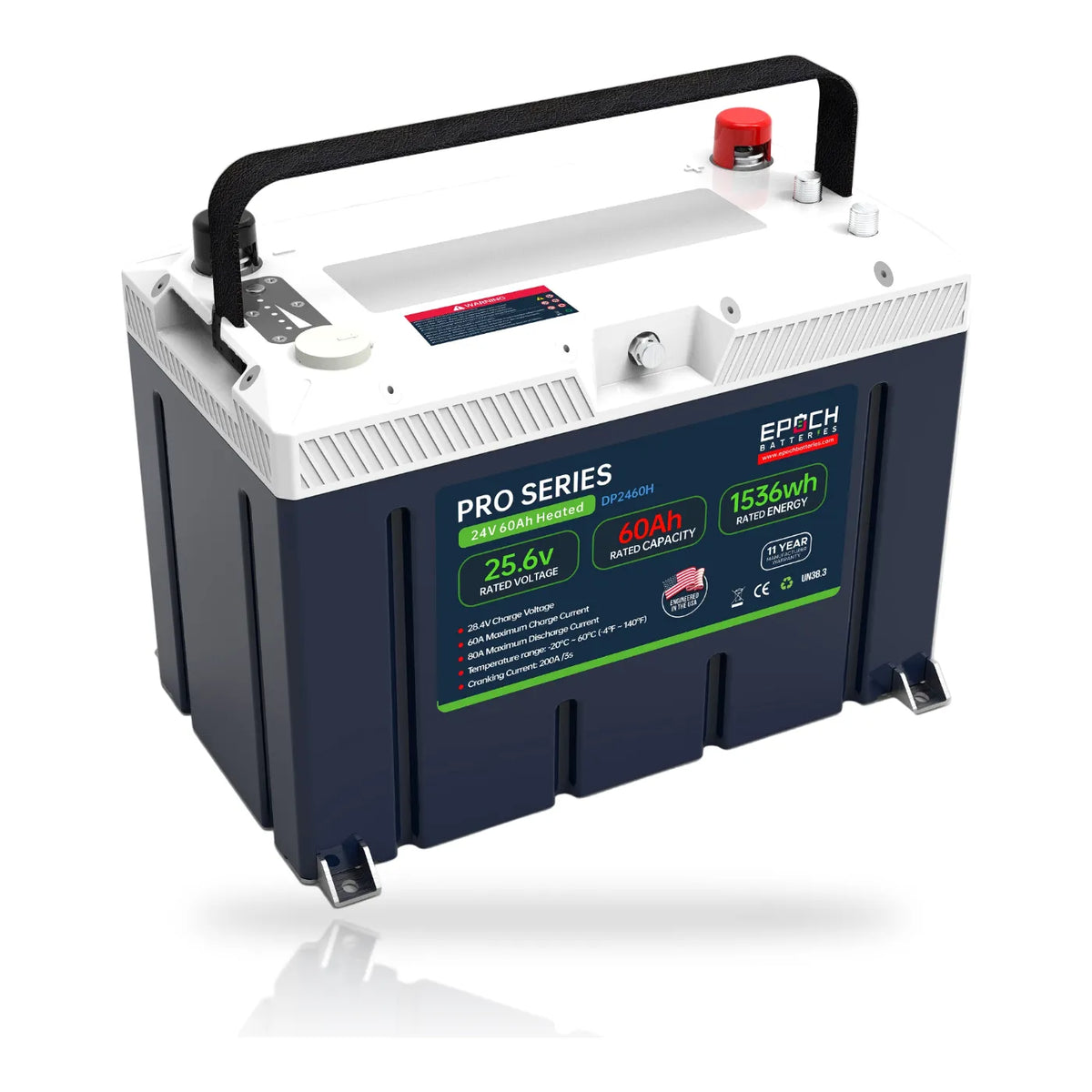 Epoch 24V 60Ah Pro Series LiFePO4 battery DP2460H, angled view
