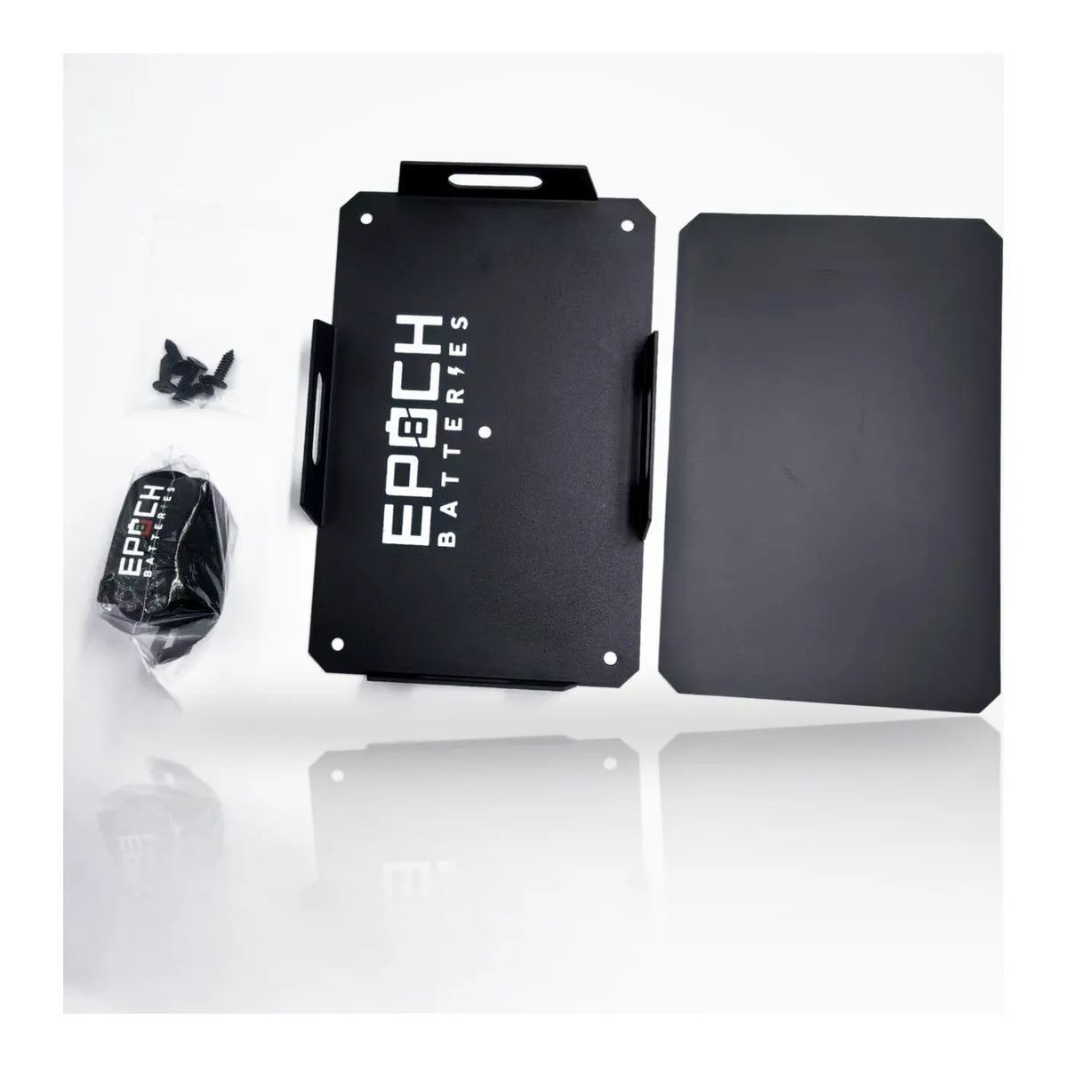 Epoch battery tray kit contents: formed tray, mounting screws, padding and hold-down strap