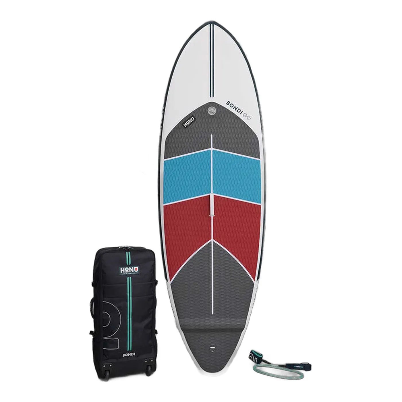 Honu Bondi inflatable surf SUP with roller bag and Volan twin plus one fins