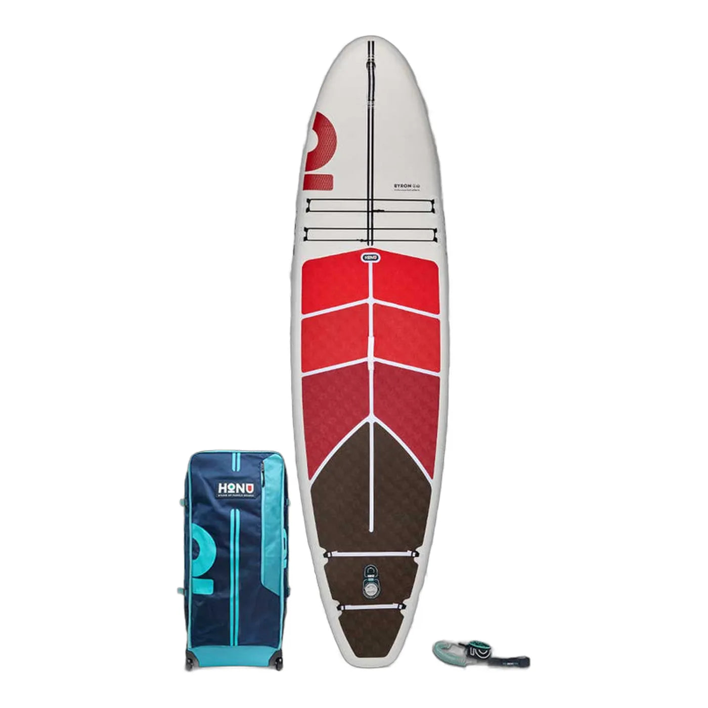 Honu Byron 10'6 inflatable paddle board, Red Coral colorway, with roller bag and leash