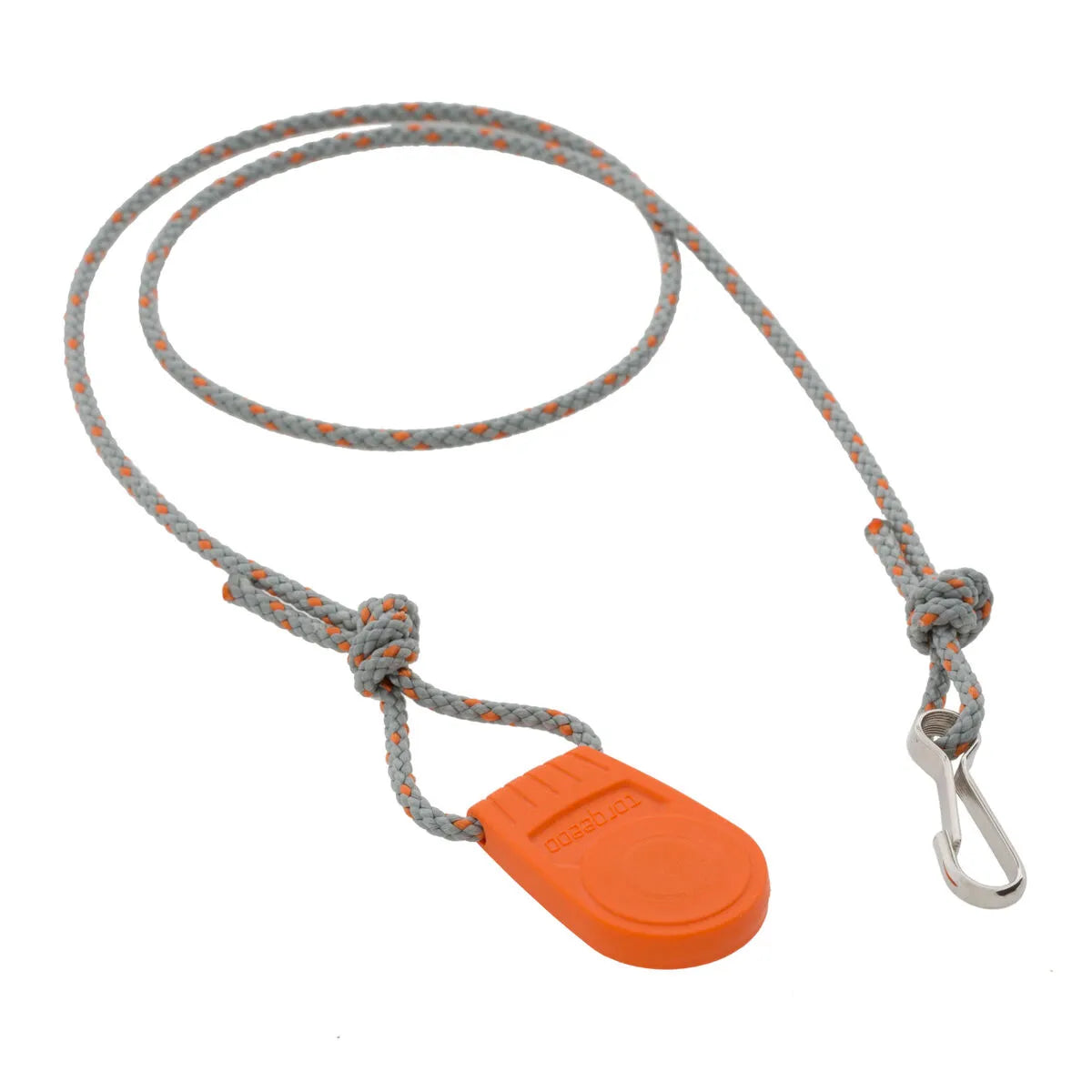 Rope leash with orange plastic clip and silver metal clip on a white background