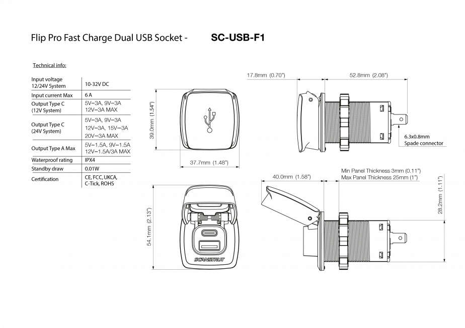 Scanstrut Flip Pro Dual USB Socket Charger Technical drawing