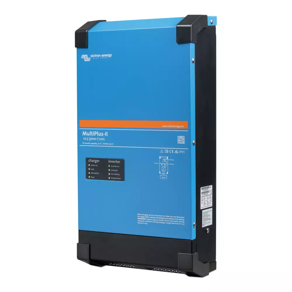 Victron MultiPlus-II 3000 VA inverter charger, three-quarter angle view with ventilation fins
