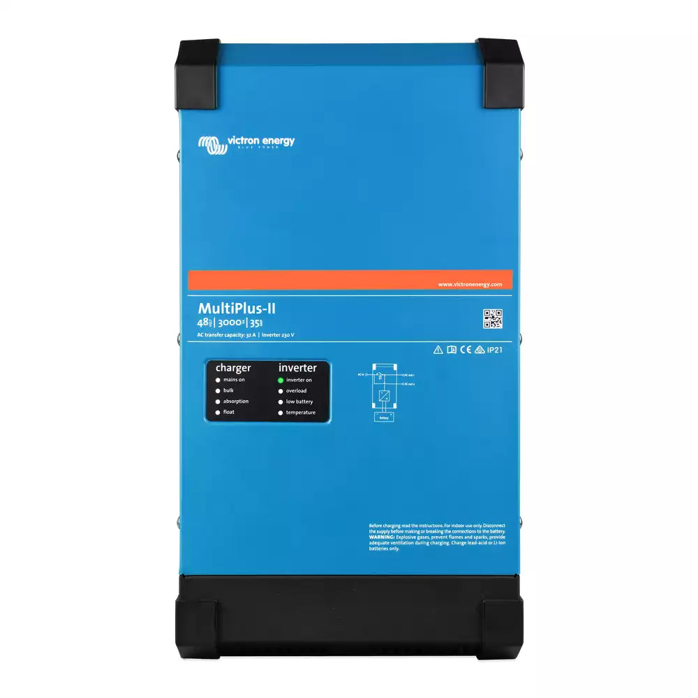 Victron Energy MultiPlus-II inverter charger, blue front panel showing charger and inverter status LEDs