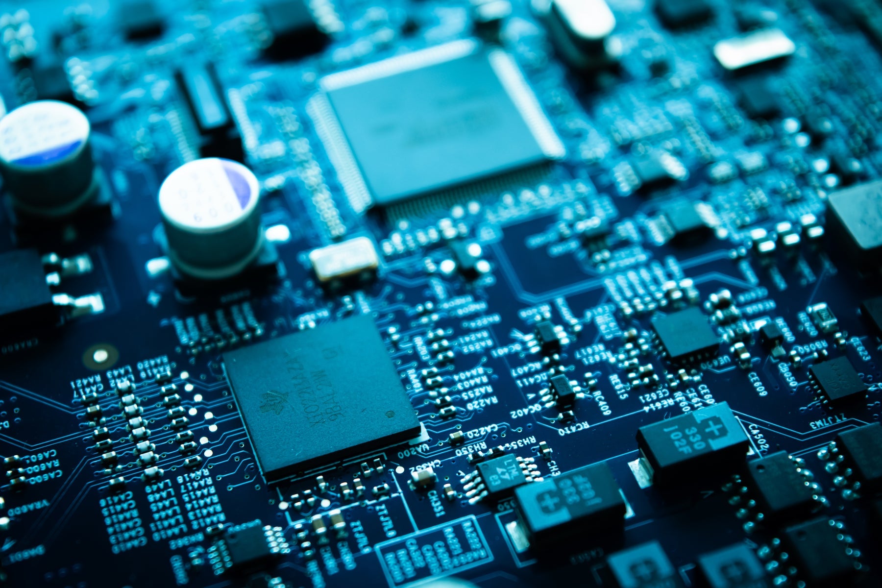 Close up of the circuit board that manages battery cells