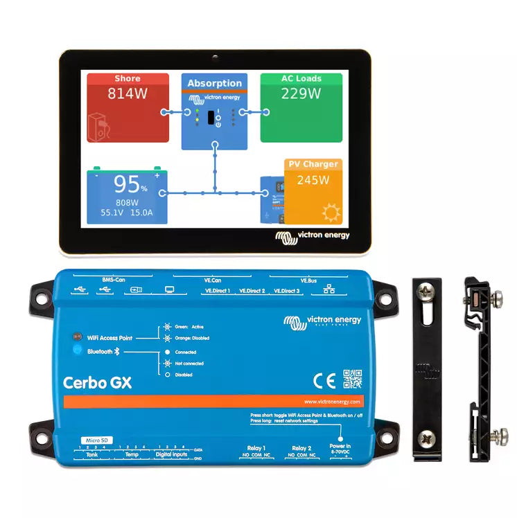 Victron Cerbo GX MK3 on a DIN rail with the GX Touch 50 display mounted alongside