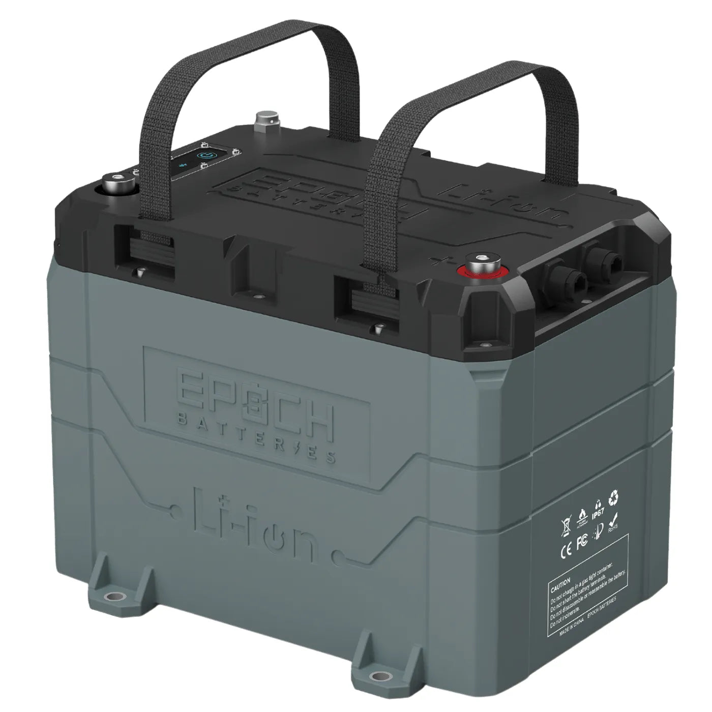 Gray lithium-ion battery with black top and visible branding on a white background