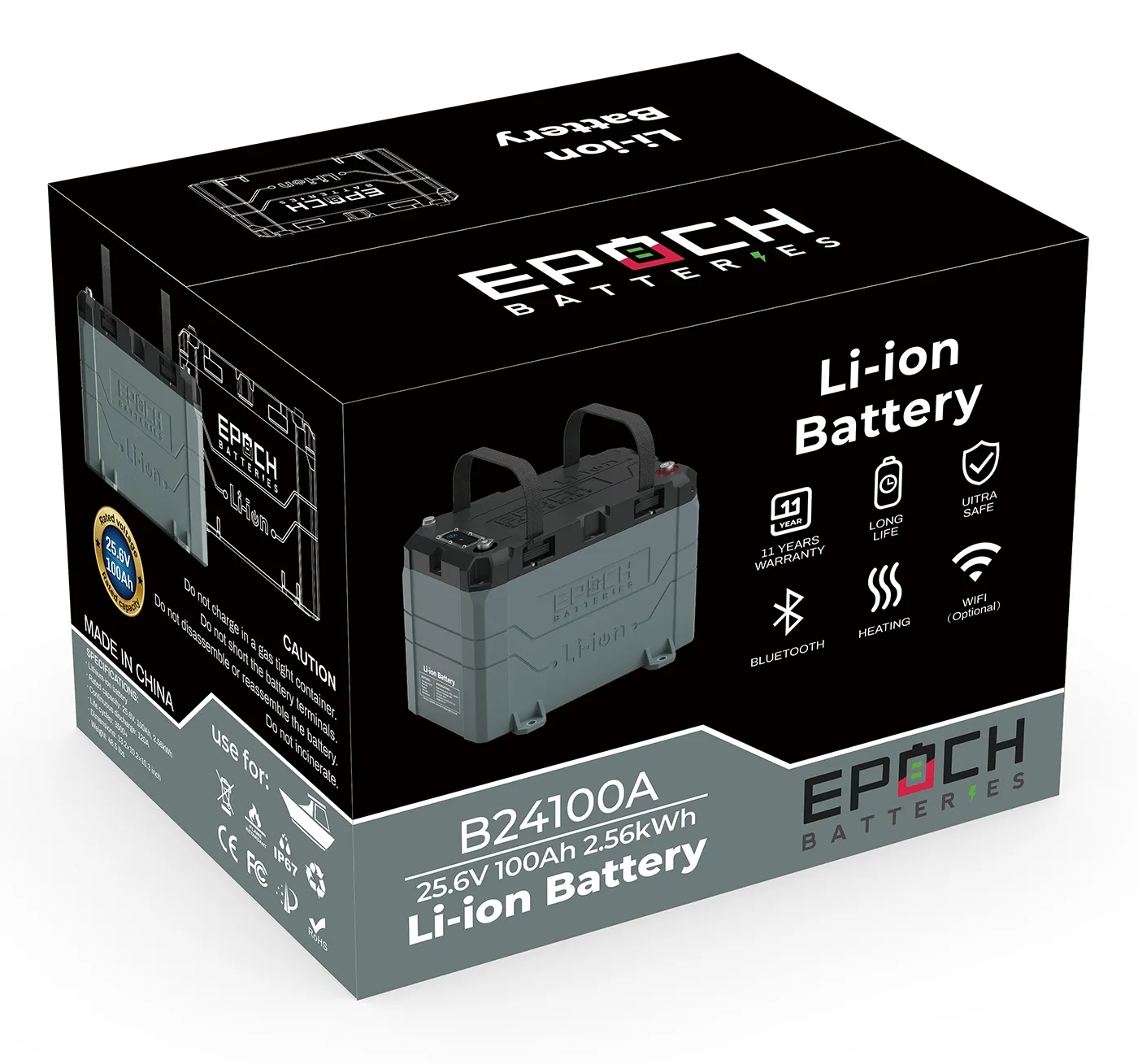 Epoch Batteries Li-ion battery packaging on a white background
