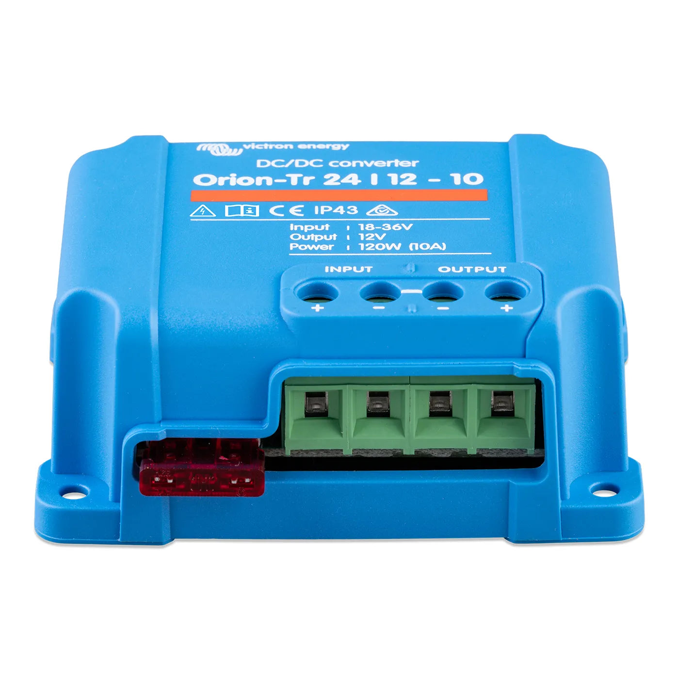 Blue DC/DC converter with Victron Energy branding on a white background