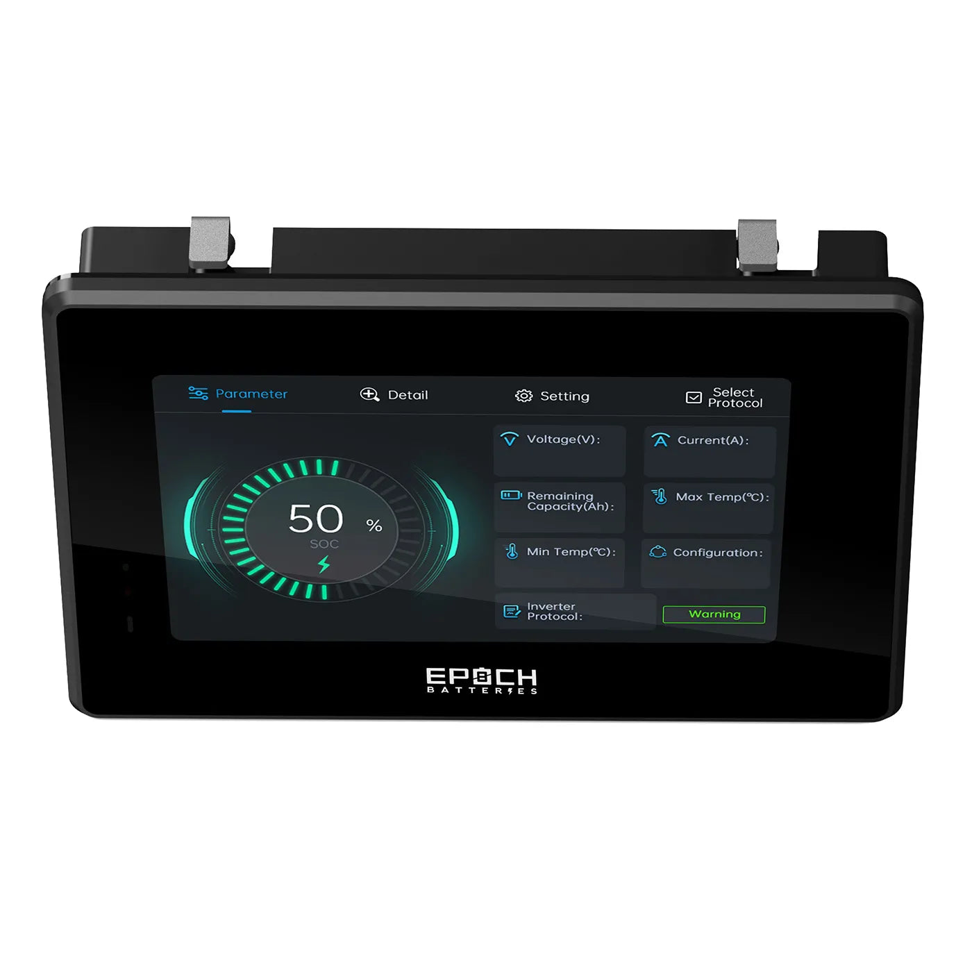 Display device with digital interface and 'Epoch' branding on a white background