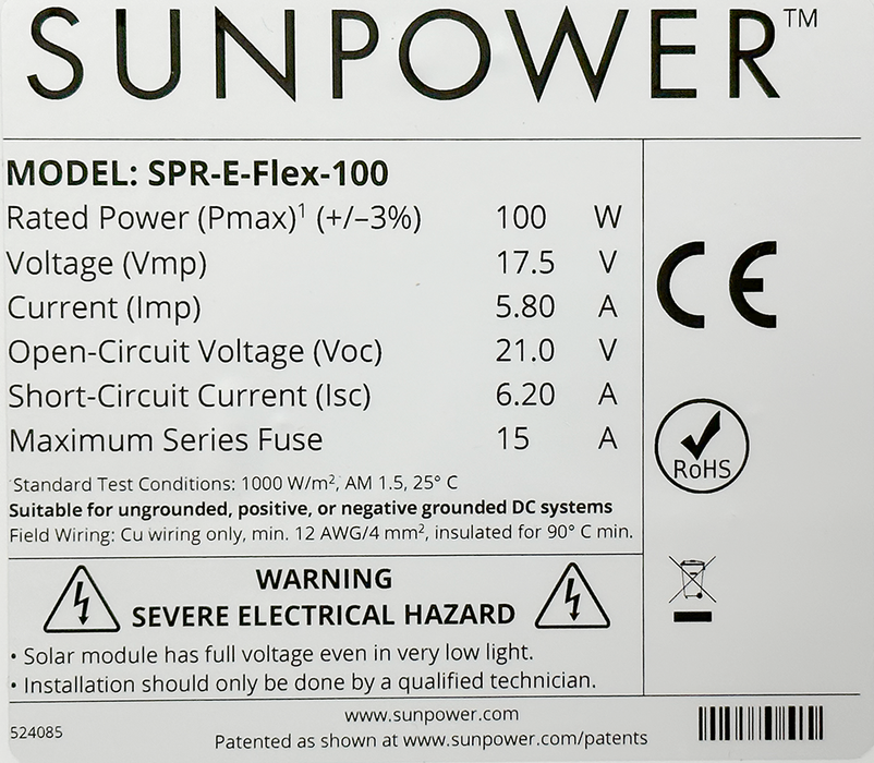 SunPower Flexible Solar Panel - 100W SPR-E-Flex-100 Datasheet