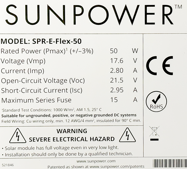 SunPower Flexible Solar Panel - 50W SPR-E-Flex-50 Datasheet