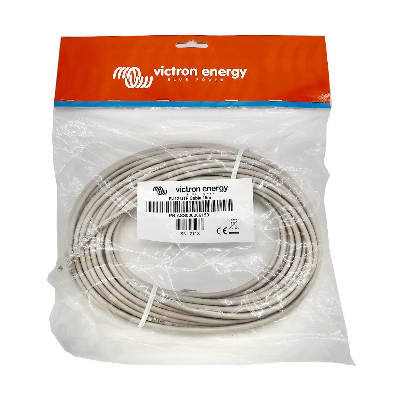 Victron RJ12 UTP cable 15 m, long head-to-shunt run for large yachts and off-grid cabins, coiled with RJ12 connectors on both ends