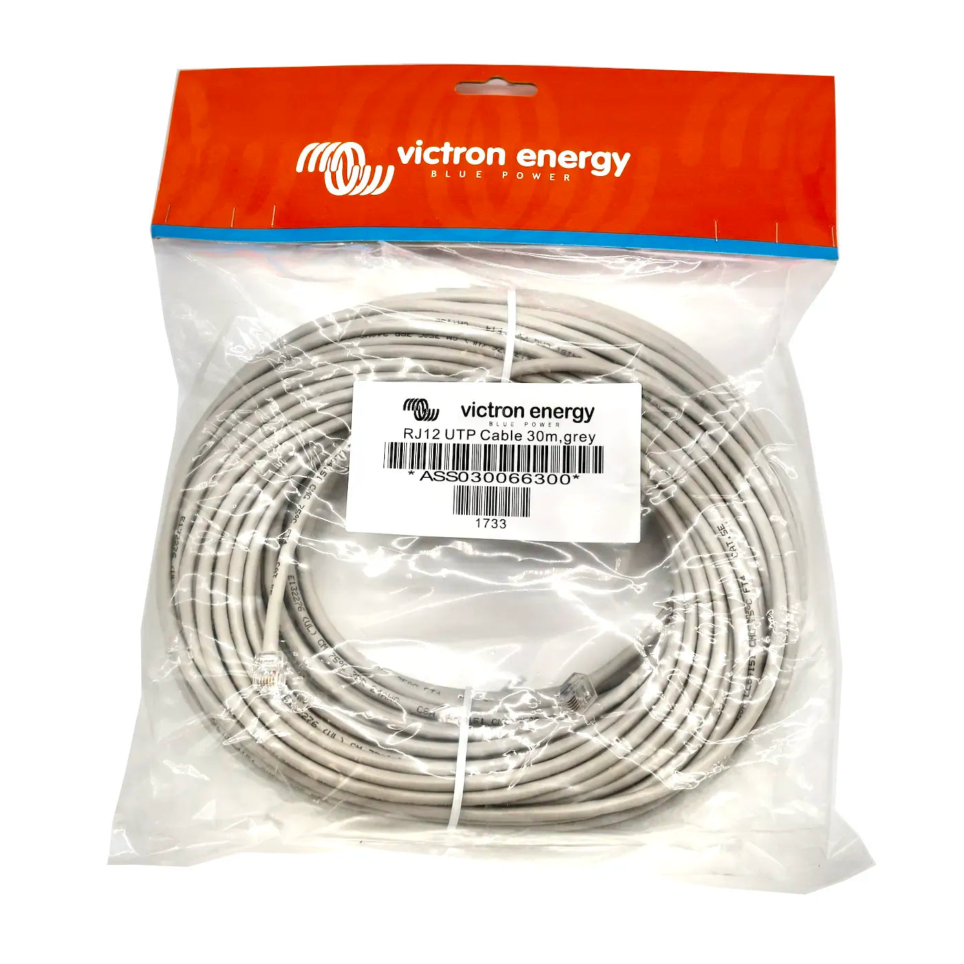 Victron RJ12 UTP cable 30 m, longest-stocked head-to-shunt length for very large vessels and off-grid systems, coiled with RJ12 connectors on both ends
