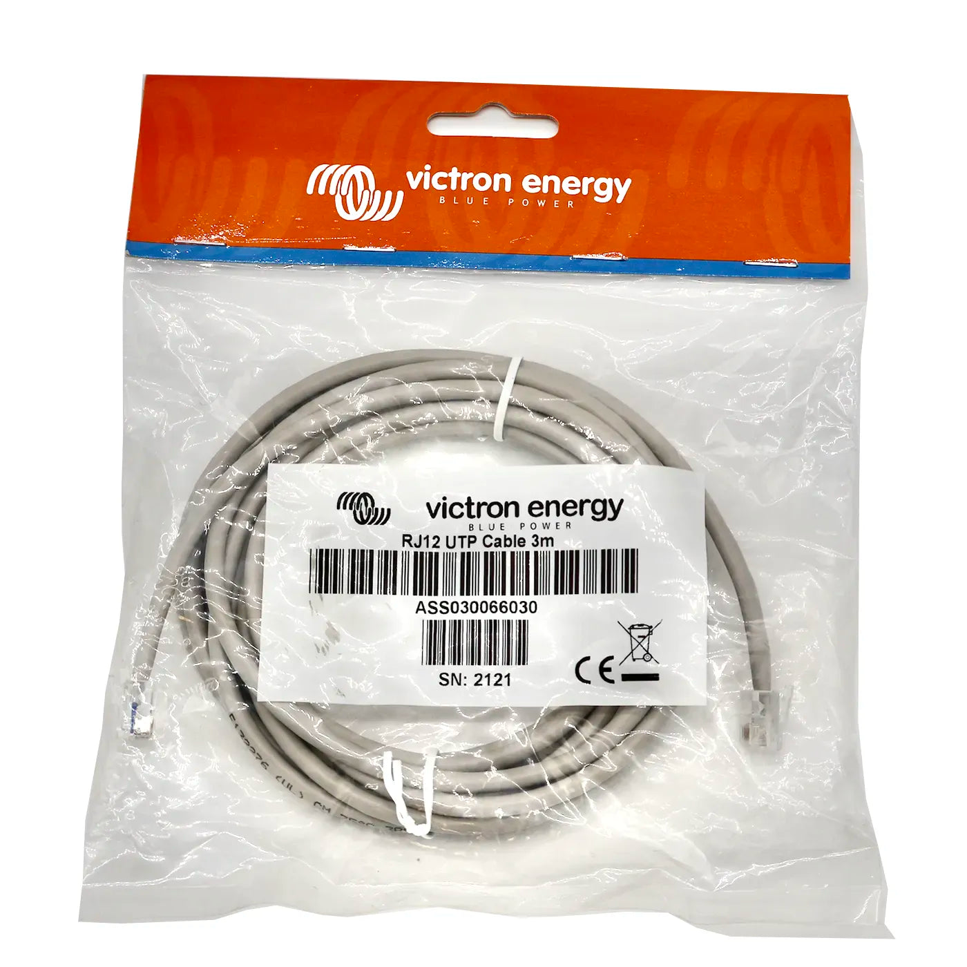 Victron RJ12 UTP cable 3 m, typical shunt-at-battery to head-at-main-panel length for cruising sailboats and small RVs, with RJ12 connectors on both ends