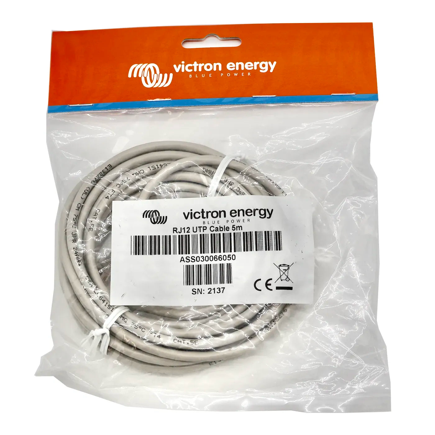 Victron RJ12 UTP cable 5 m, nav-station to engine-room or under-berth battery compartment length, with RJ12 connectors on both ends