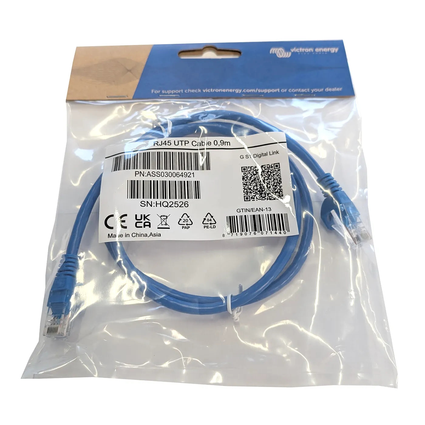 Victron RJ45 UTP cable 0.9 m, common adjacent-device length with molded RJ45 connectors on both ends