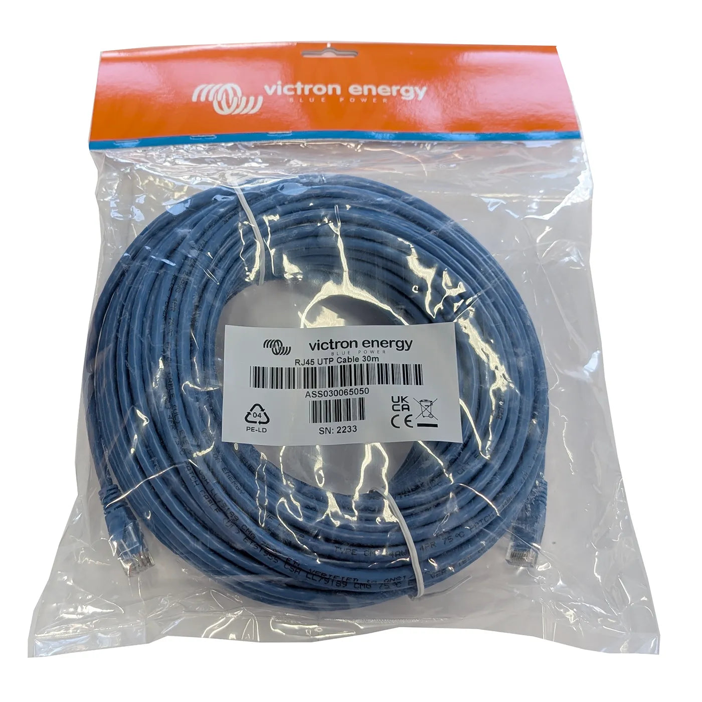 Victron RJ45 UTP cable 30 m, longest-stocked run for very large vessels and off-grid systems, coiled with molded RJ45 connectors on both ends