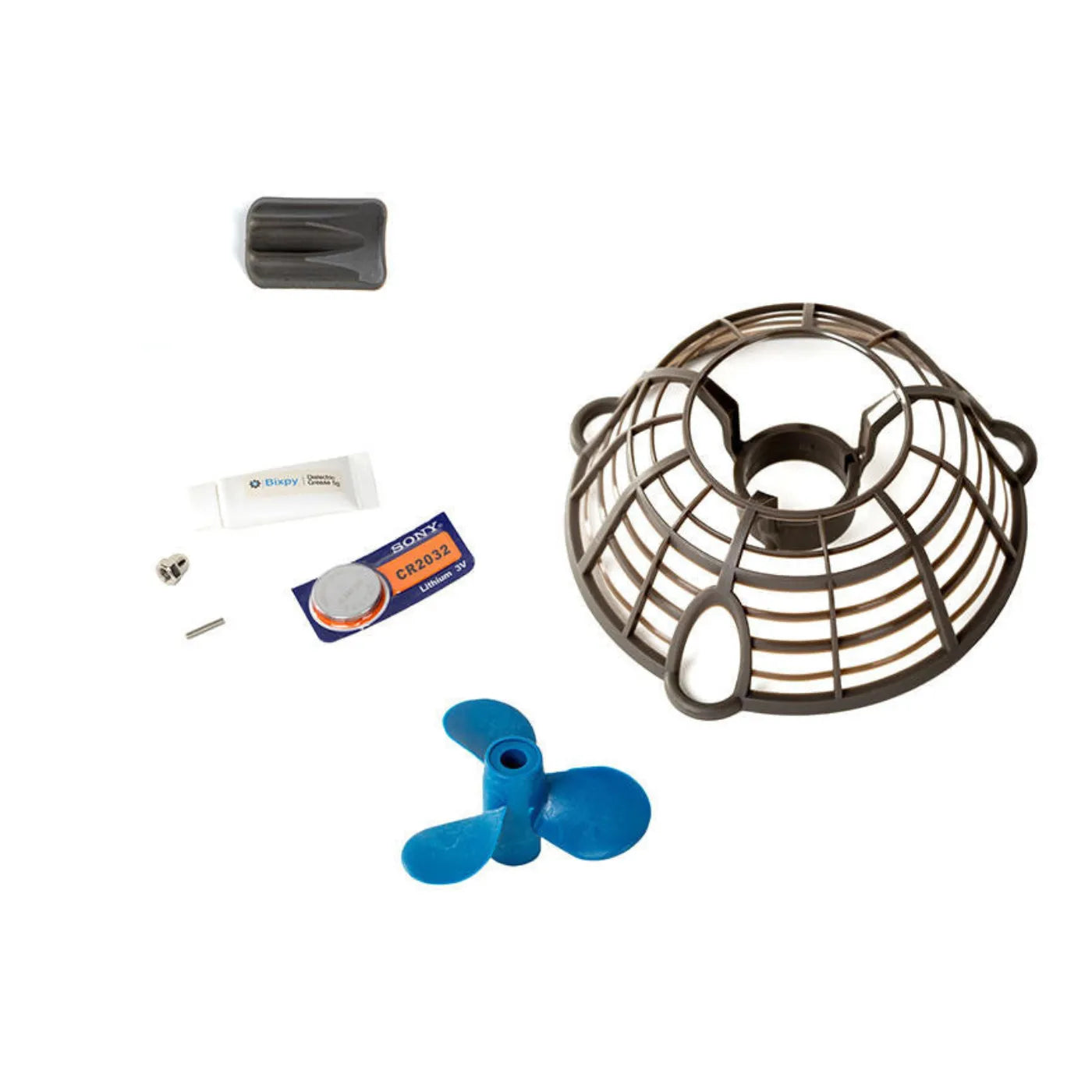 Bixpy K-1 Kare Kit with spare propeller, weed grill, and remote battery