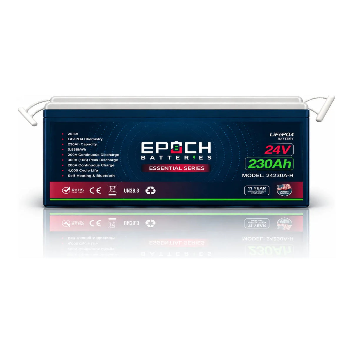 Epoch 24V 230Ah Essential Series Group 8D LiFePO4 battery with Bluetooth and self-heating, front view