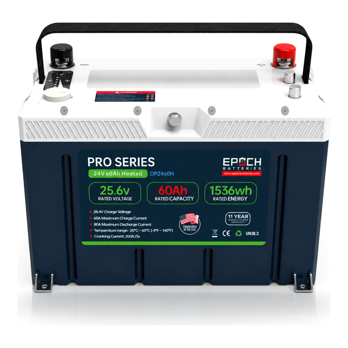 Epoch 24V 60Ah Pro Series IP67 LiFePO4 battery DP2460H with Bluetooth and self-heating, front view
