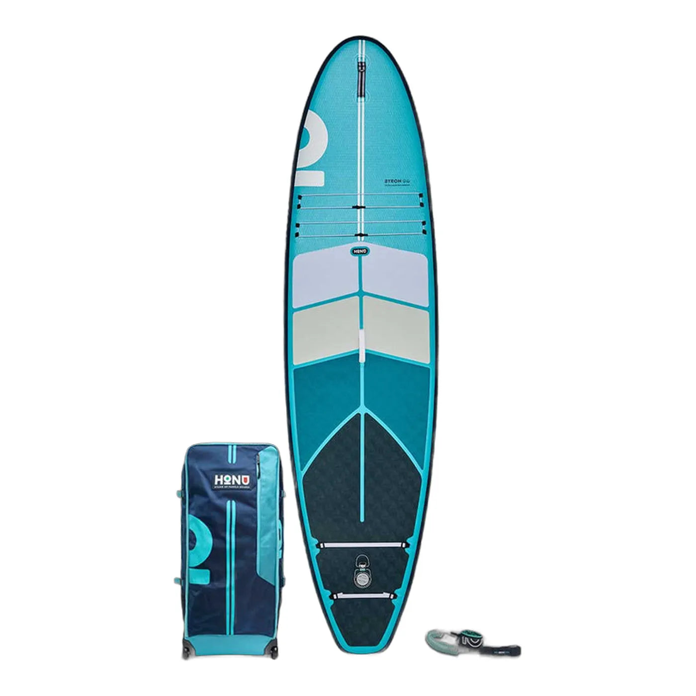 Honu Byron 10'6 inflatable paddle board, Crystal Clear colorway, with roller bag and leash