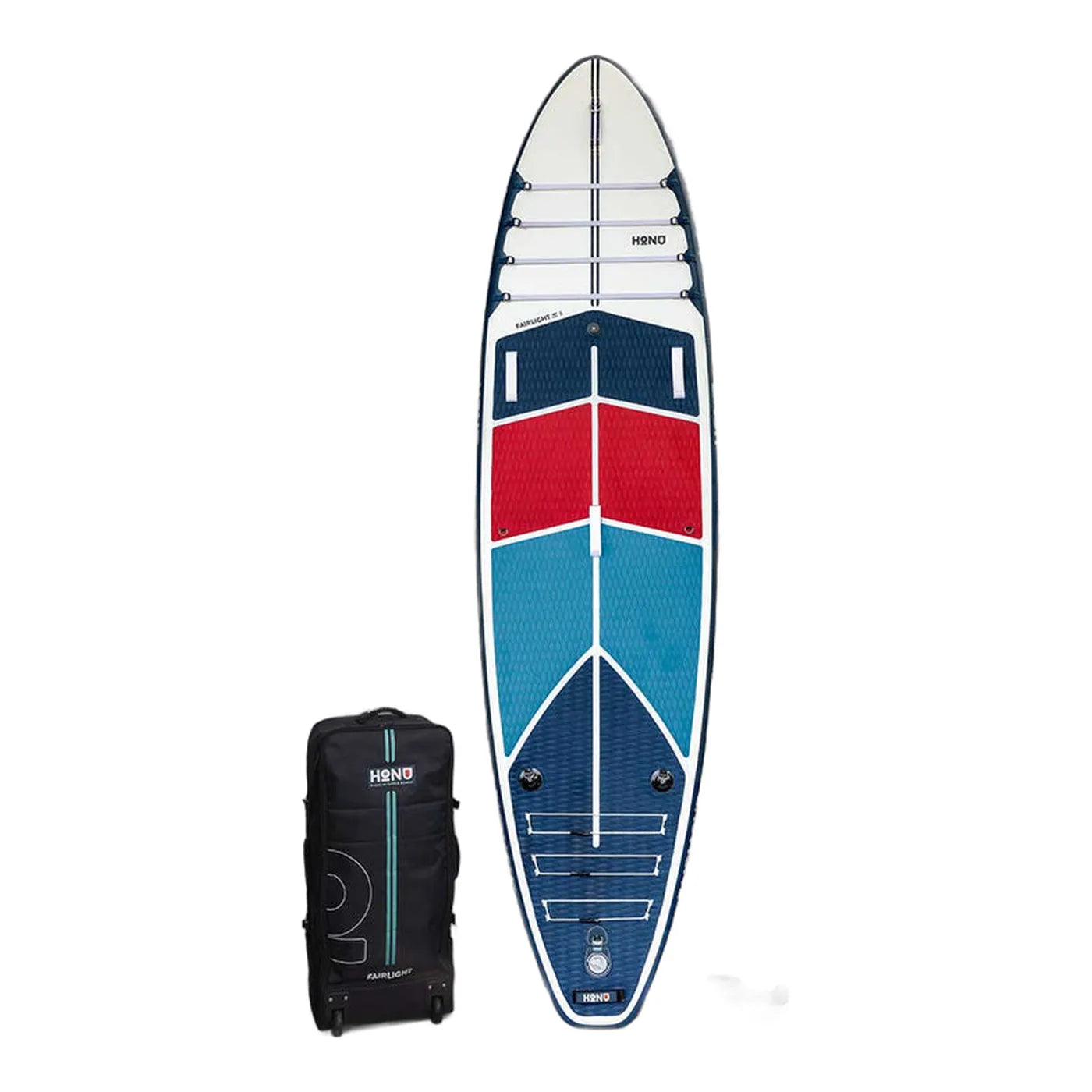 Honu Fairlight 11'6 inflatable paddle board, Dawn Patrol colorway, with roller bag and leash
